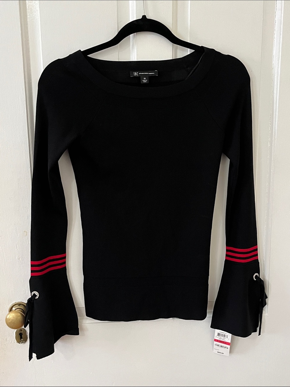 INC International Concepts Black Long-Sleeve Top with Red Sleeve Stripes